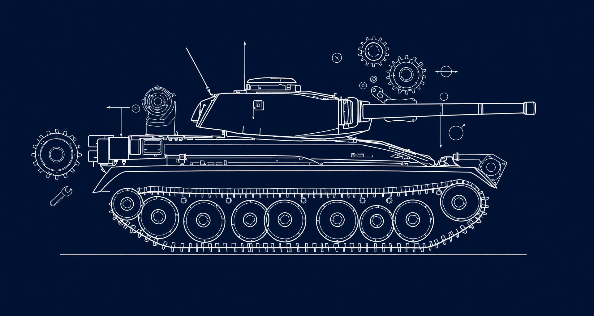 Main battle tank surrounded by gears and assembly icons